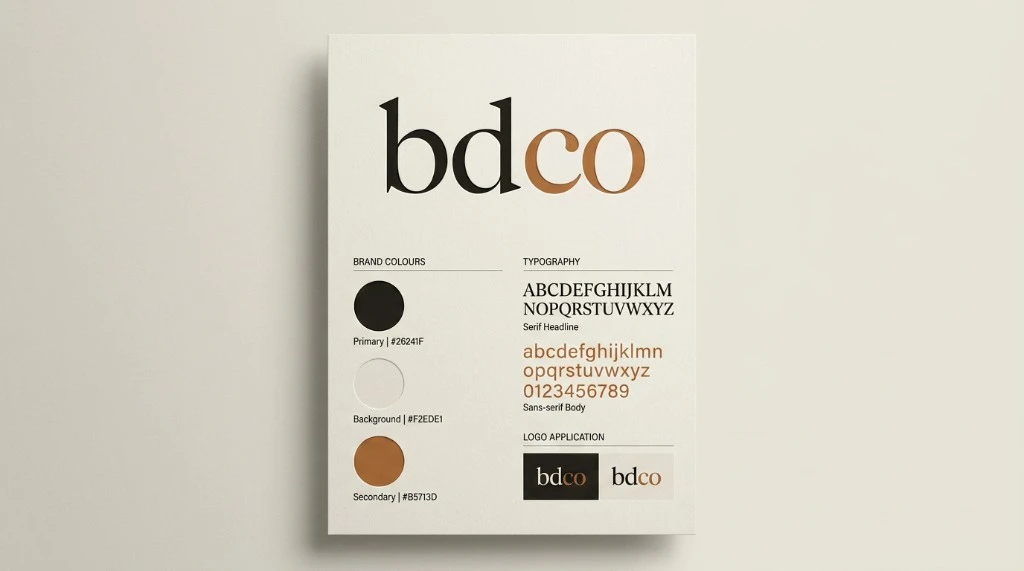 Logo, kleuren en typografie van een huisstijl op één bladzijde, logo en huisstijl door BDCO