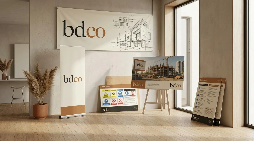 Spandoek, roll-up banner en werfborden in een showroom, grootformaat drukwerk door BDCO