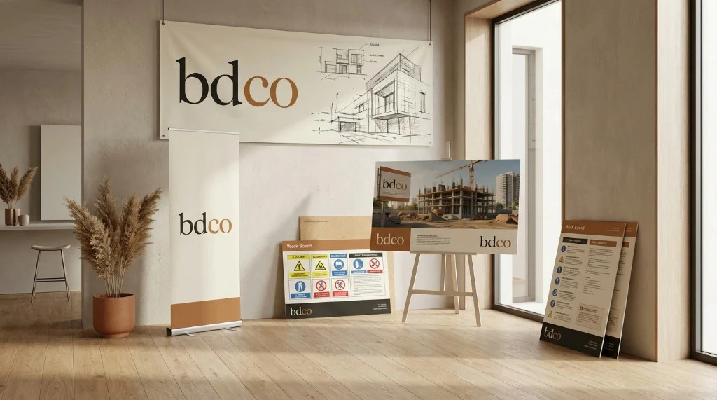 Spandoek, roll-up banner en werfborden in een showroom, grootformaat drukwerk door BDCO