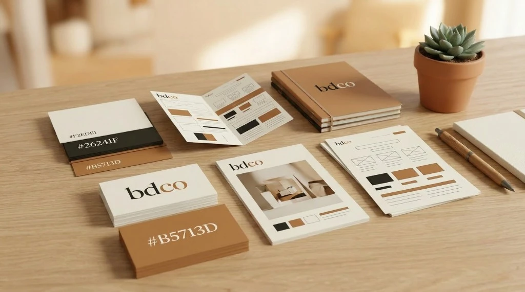 Visitekaartjes, brochures en klein drukwerk op een bureau, klein drukwerk door BDCO