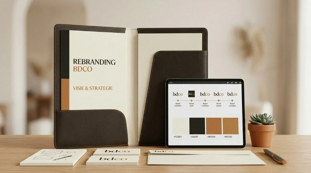 Merkidentiteit, huisstijl en visitekaartjes op een bureau, rebranding door BDCO