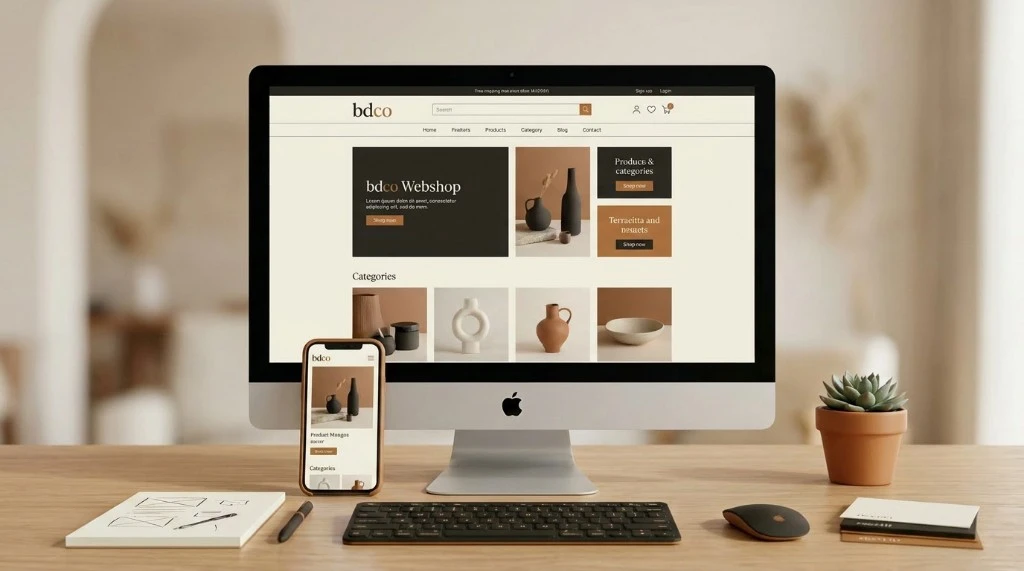 iMac en iPhone met een responsive webshop-ontwerp op een bureau, webshop laten maken door BDCO
