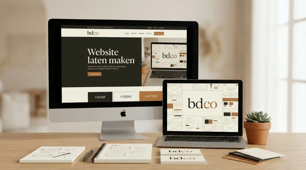 iMac en MacBook met een website-ontwerp op een bureau, website laten maken door BDCO