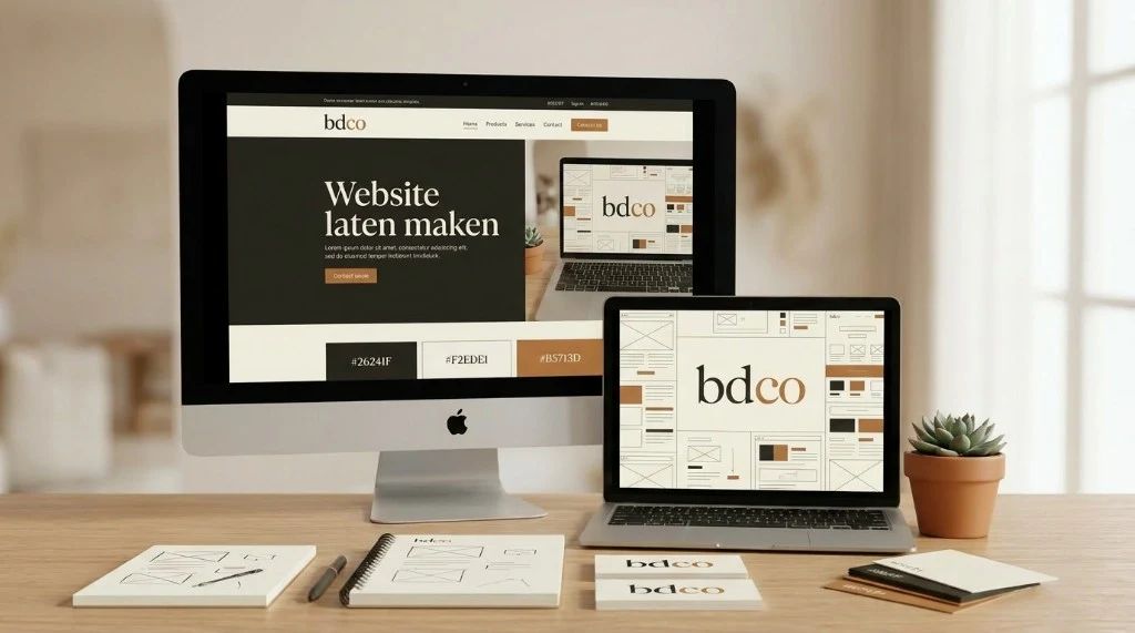 iMac en MacBook met website-ontwerp op een bureau, website laten maken door BDCO